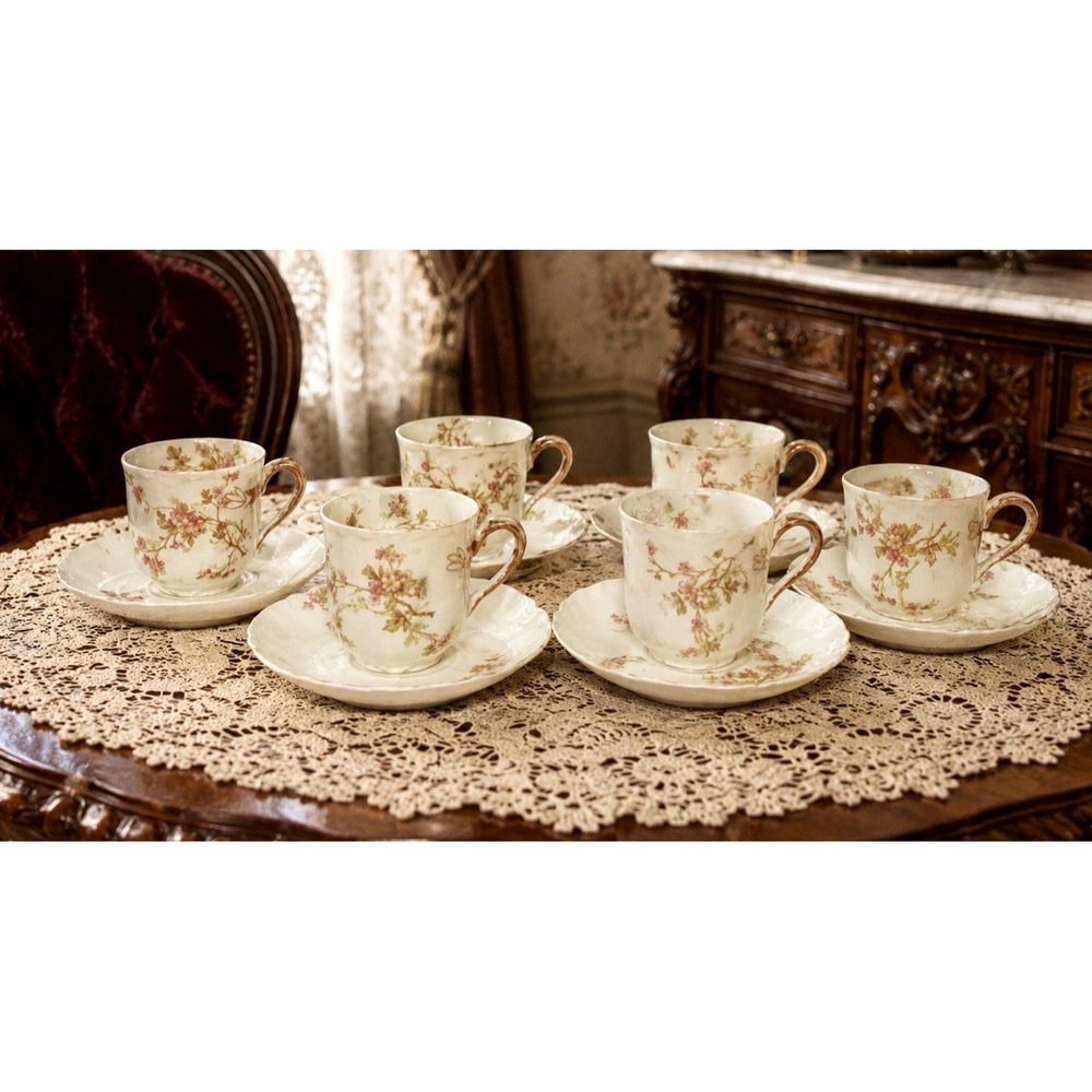 Set of 6 Haviland Limoges France Demitasse Cups & Saucers Pink Floral Gold Gilt